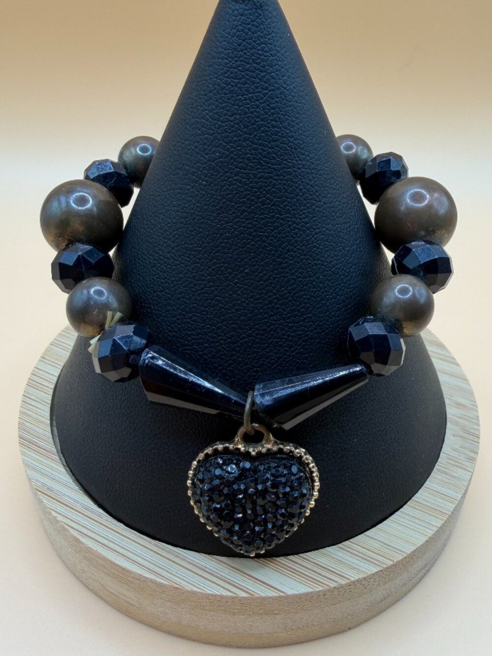 Black and Brown Stretch Bracelet with Heart Charm